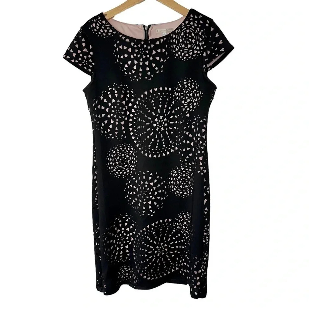 Signature Camryn Dress 12 Black Pink Laser Cut Geometric Cap Sleeve Sheath